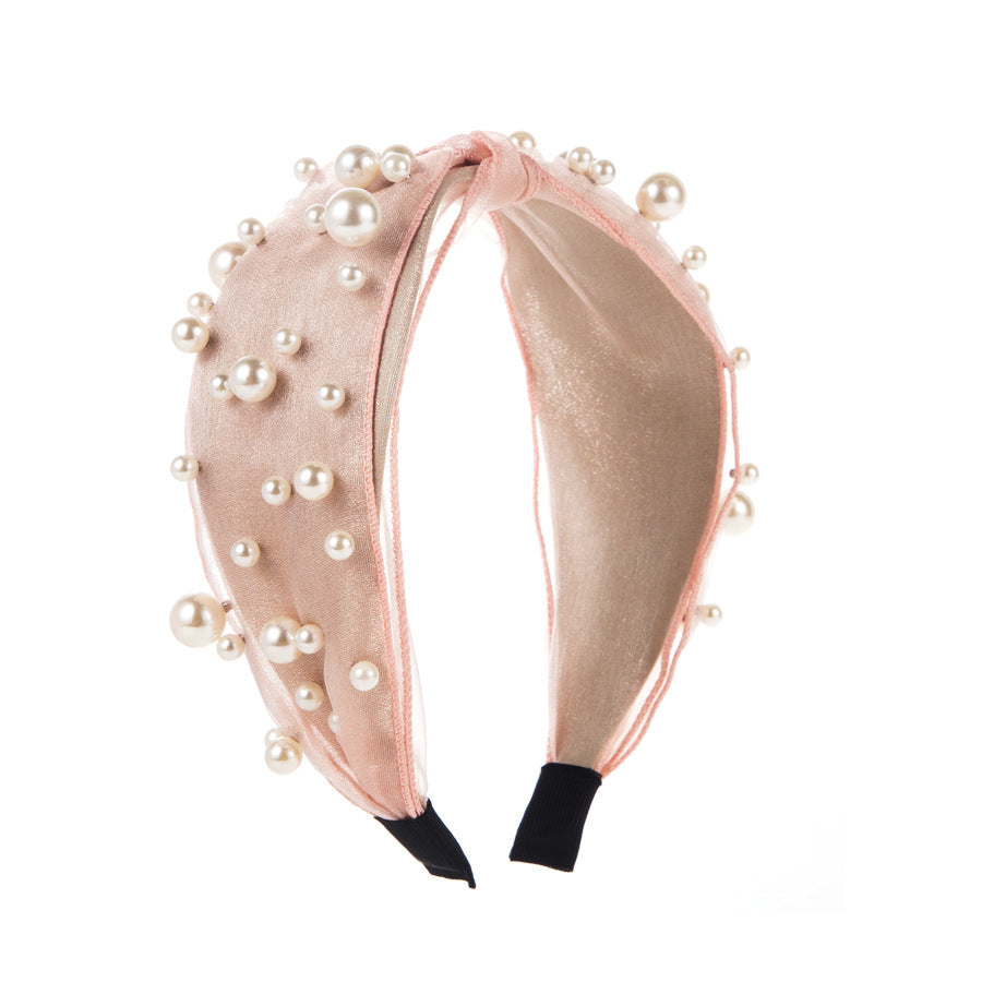 European and American fashion French simple knotted size pearl fabric face wash head buckle hair tie headband female wholesale