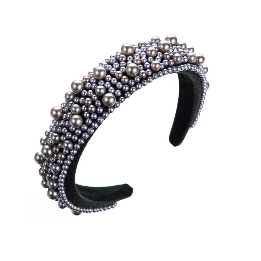 Heming headbands, European and American cross-border sponge pearl hair accessories, women's handmade beads, high-quality sense of wide edge, fashionable and versatile headbands