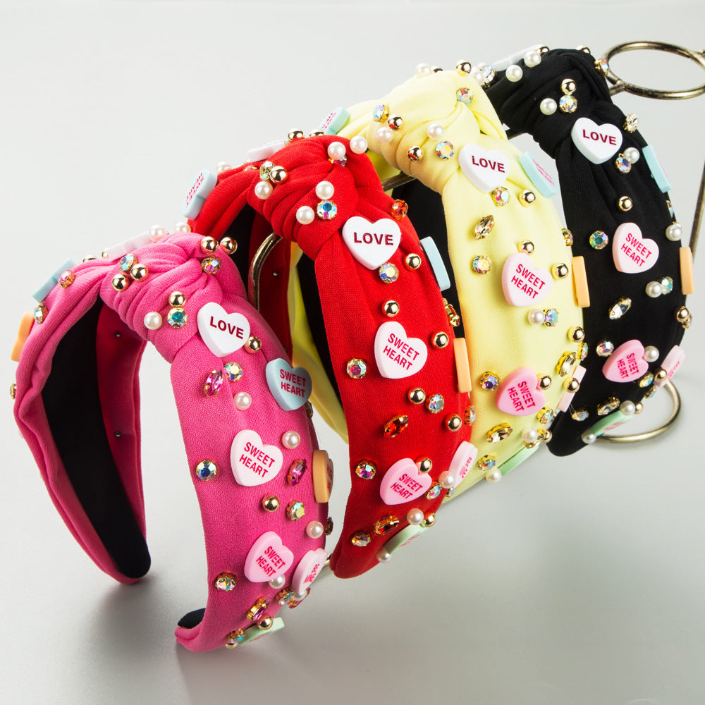 Cross-border new fashion knotted high skull top headband women's diamond beaded letter love accessories wide-brimmed hair accessories wholesale
