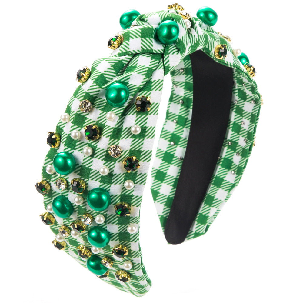 Cross-border trend print check fabric diamond inlaid headband women's retro classic green small fragrance hair ornament hairband wholesale