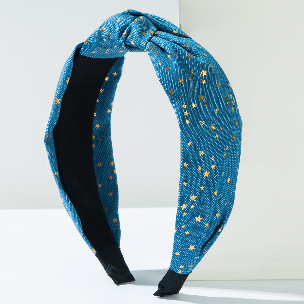 Cross-border European and American fashion denim fabric headband creative gold five-pointed star wide knotted high skull top outward ornament