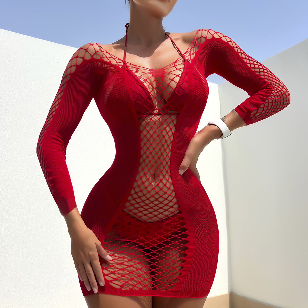 Yue Die's new erotic underwear, sexy temptation, mid-sleeve hips, fishnet short skirt, see-through erotic pajamas 8953