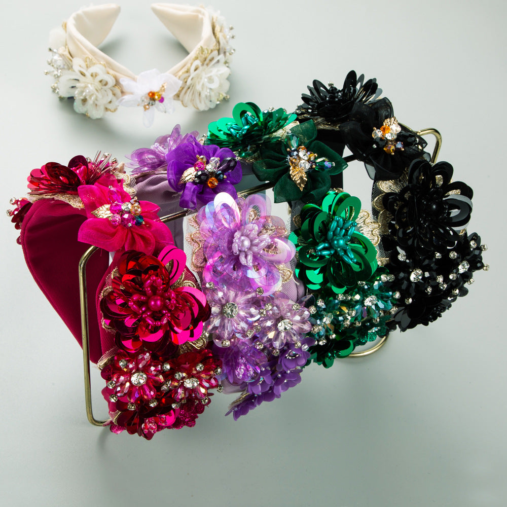 European and American vintage baroque hand-sewn crystal flower headbands, women's wide-brimmed mesh fashion, dinner ball, hair accessories