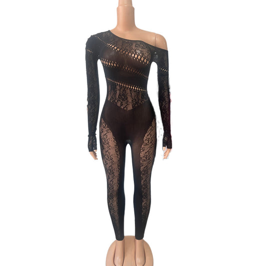 Yue Die European and American women's new sexy cut-out knit jacquard dark pattern high-waisted skinny long-sleeved jumpsuit YDT036