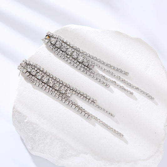 Luxury full diamond long tassel earringsKorean Internet celebrity new temperament drop earrings party high-end super flash ear jewelry