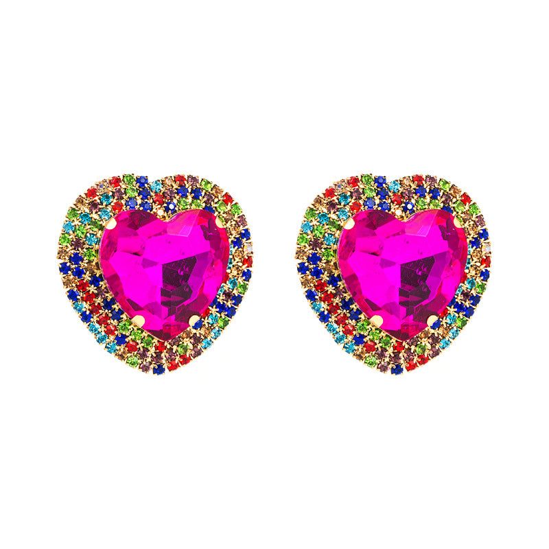 European and American new exaggerated alloy inlaid with diamonds, heart-shaped glass diamond earrings, trendy diamond super flash, personality stud earrings