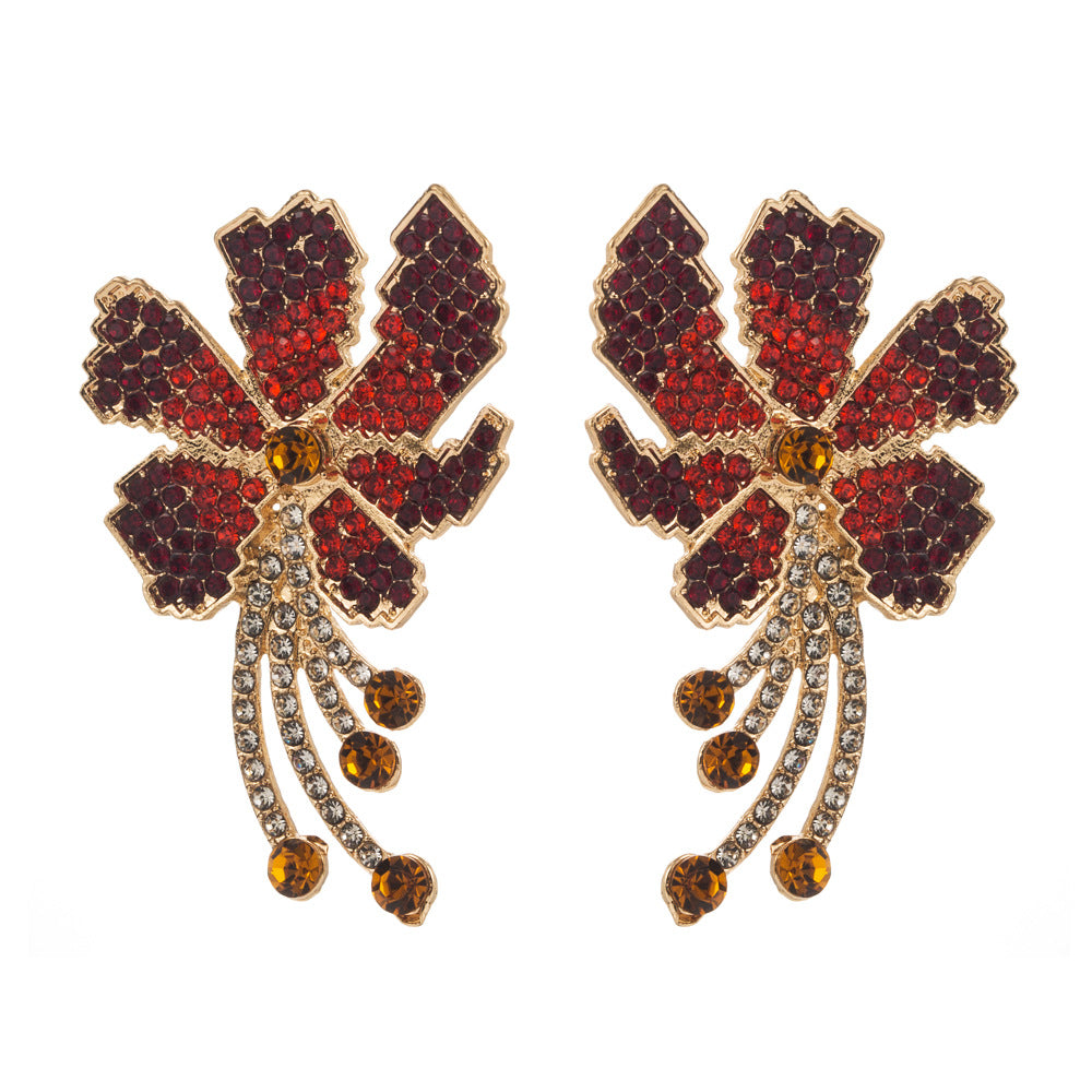 European and American retro temperament, exaggerated flower earrings, creative alloy inlaid with diamonds, fashionable high-end banquet earrings