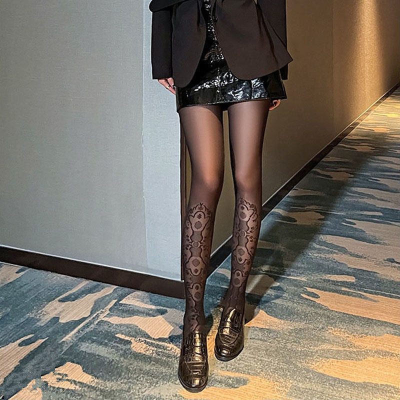 New Cutout Jacquard Stockings Thin Sexy Black Silk Pattern Pantyhose Female Temptation Anti-Snagging Silk 7062