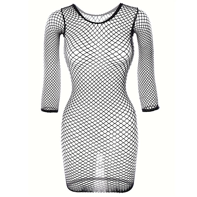 Yue Die's new European and American mesh round neck sleeve ladies sexy nightdress erotic net clothes tear rabbit top DYS401
