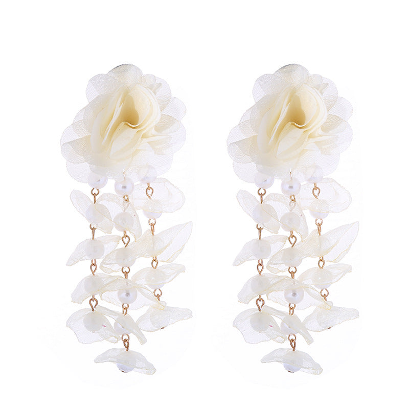 European and American new long tassel exaggerated floral earrings women's bohemian mesh inlaid pearl flower earrings