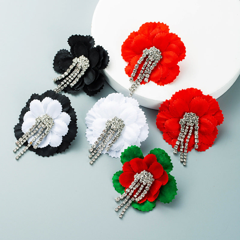 Cross-border new exaggerated alloy ins wind fabric big flower earrings female tassel ZA same earrings wholesale