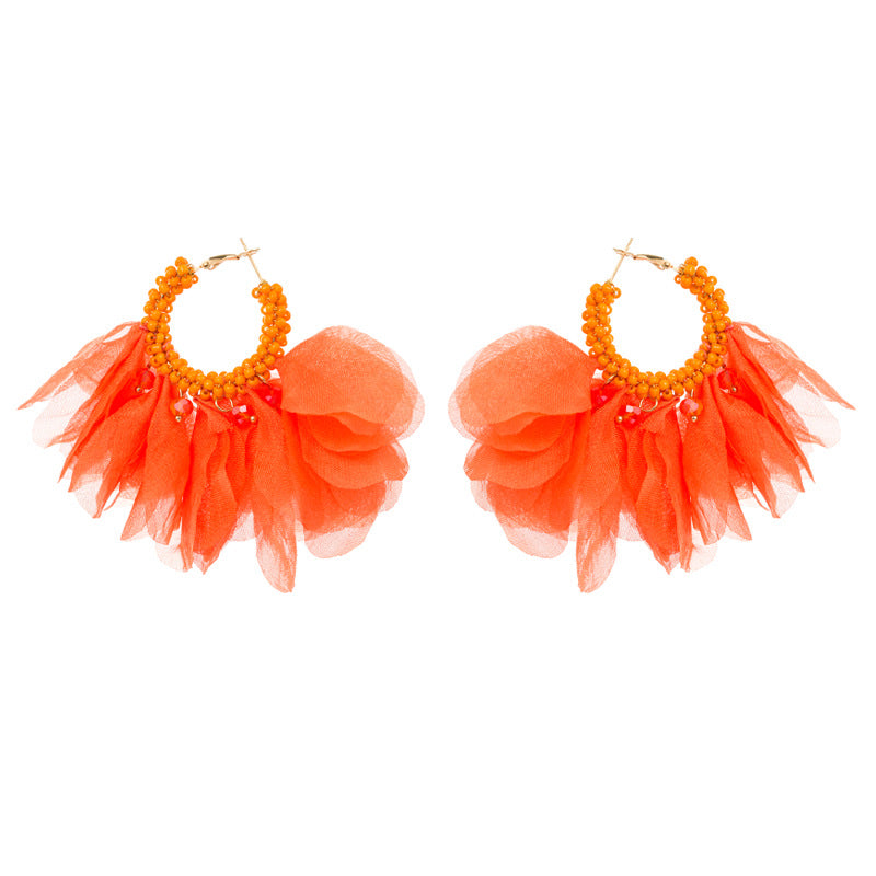 European and American Personality Creative Handwoven Beaded Flower Earrings Earrings Exaggerated Bohemian Chiffon Flower Earrings