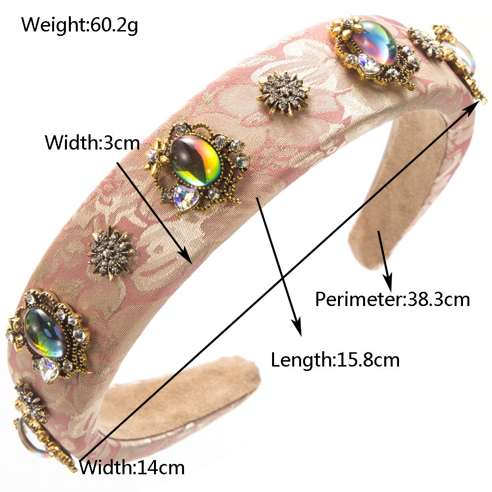 European and American new palace style retro satin printed fabric headband, diamond pearl floral high-quality banquet hair accessories