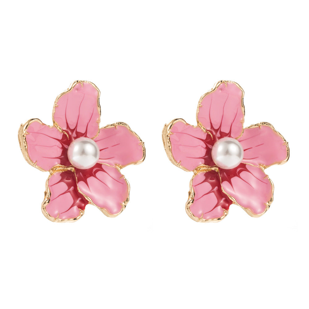 European and American new floral earrings, alloy dripping oil inlaid pearl peach blossom stud earrings, sweet temperament, high-end flower earrings