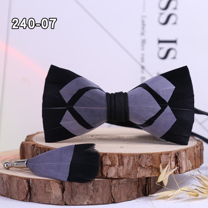 240 Dark Green Feather Male Bow Tie Brooch Set Business Wedding Party Host Shirt Men's Bow