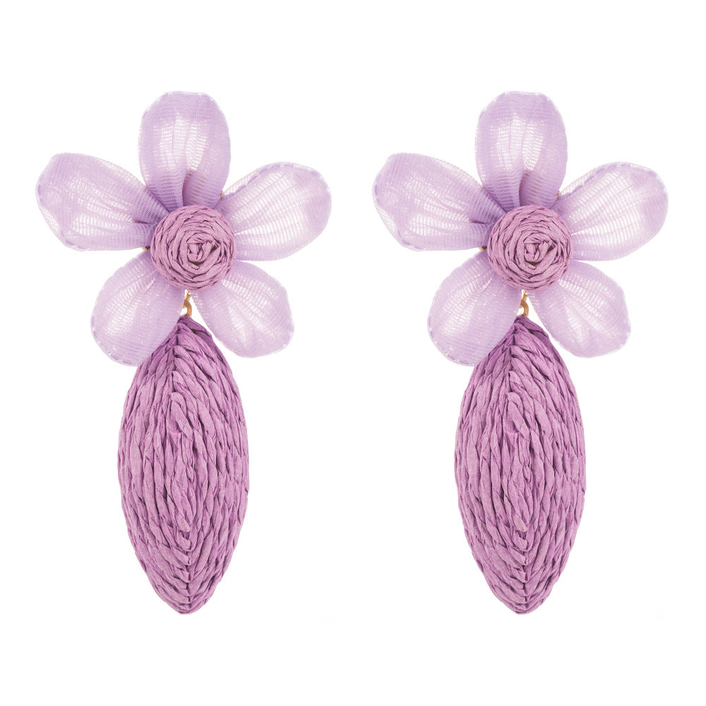 New fashion bohemian handmade raffia earrings women's spring colorful flowers temperament niche versatile earrings
