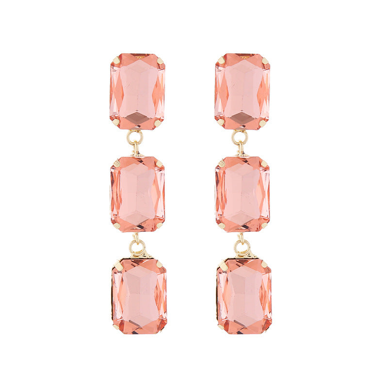 European and American fashion temperament long multi-layer square glass diamond earrings women's niche simple light luxury banquet earrings wholesale