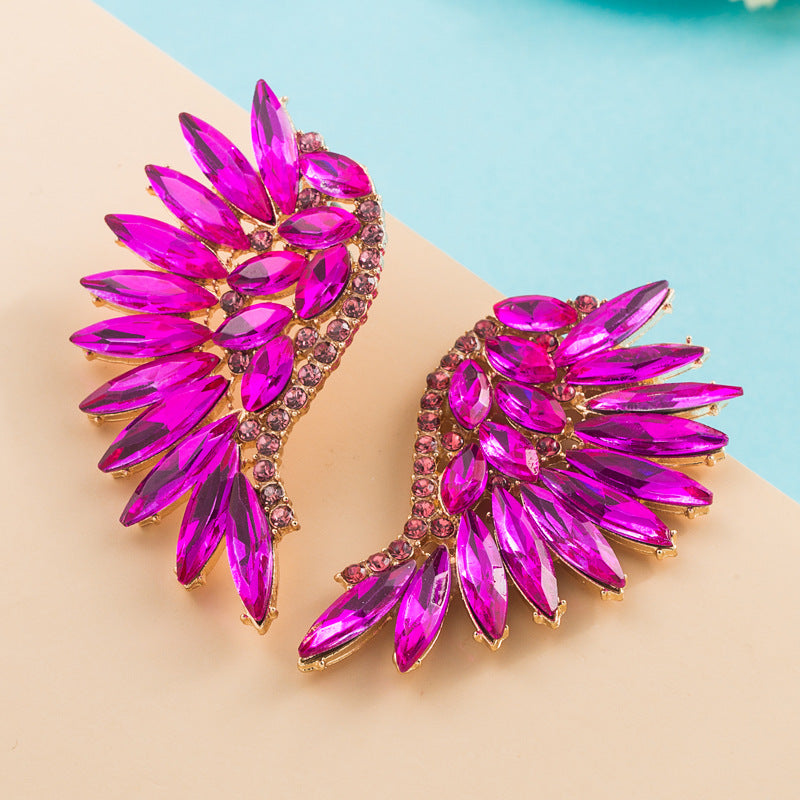 European and American heavy industry exaggerated fan-shaped bohemian style wings colored rhinestone earrings trend stud earrings cross-border supply