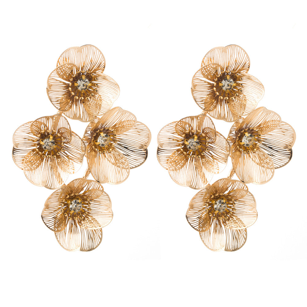 European and American cross-border new diamond-inlaid alloy flower earrings, women's light luxury trend, hollow texture, high-end evening earrings