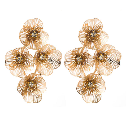 European and American cross-border new diamond-inlaid alloy flower earrings, women's light luxury trend, hollow texture, high-end evening earrings