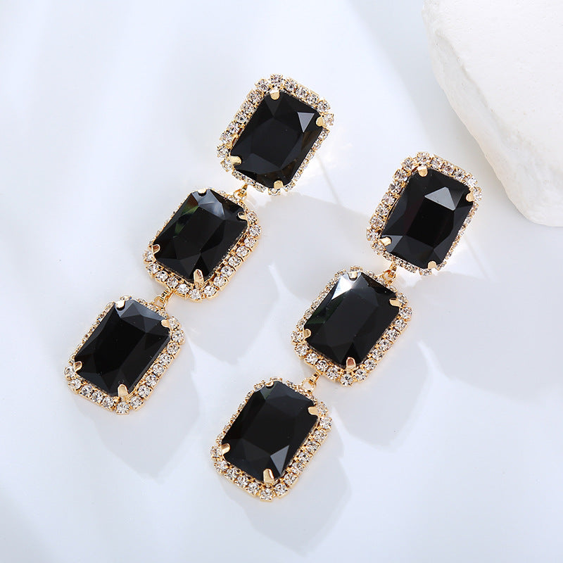 European and American fashion jewelry, square diamonds, zircon, gemstones, colored gemstones, studs, rectangular crystal earrings, earrings, high-end wholesale