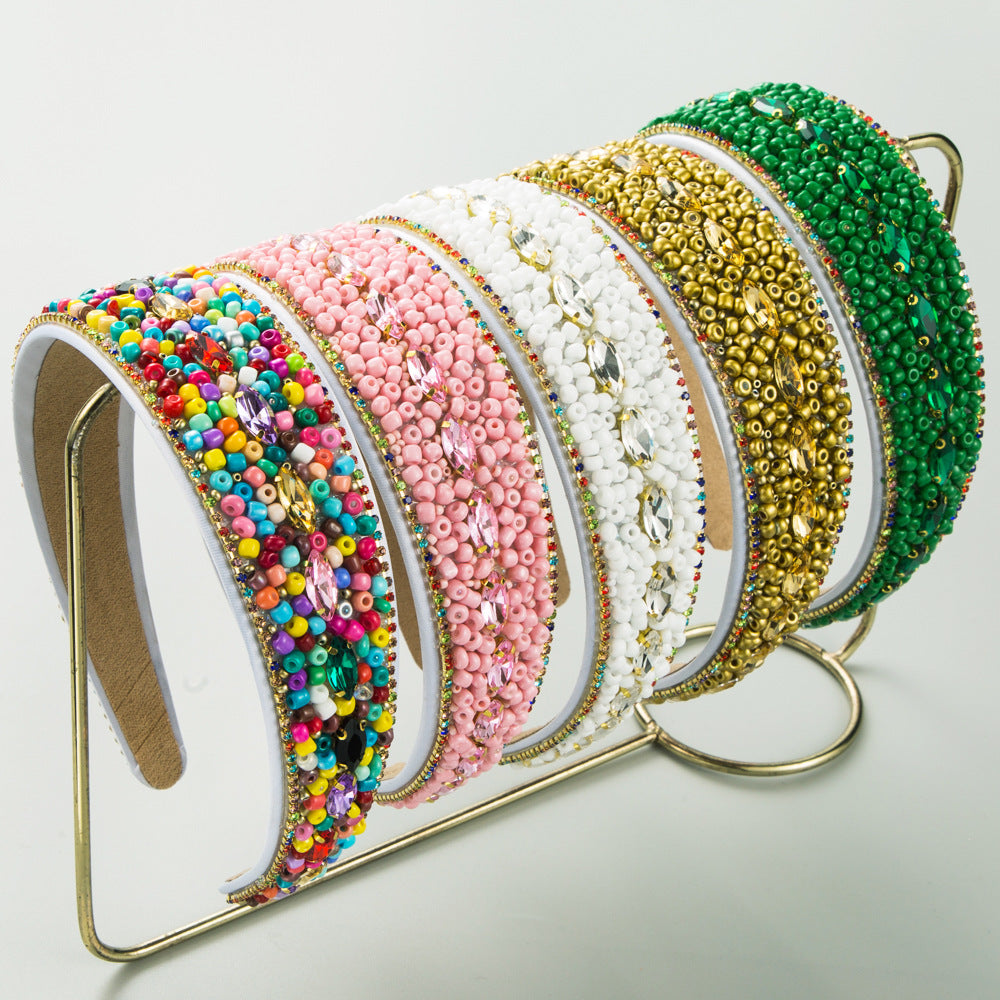 European and American fashion wide-brimmed color bead headbands, women's sense of luxury, personality, elegant rhinestone headbands, and outgoing versatile headwear