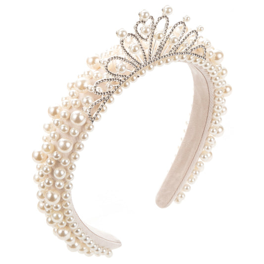 New niche light luxury bridal headband Korean high-end white pearl princess crown high skull top hair ornament hairpin