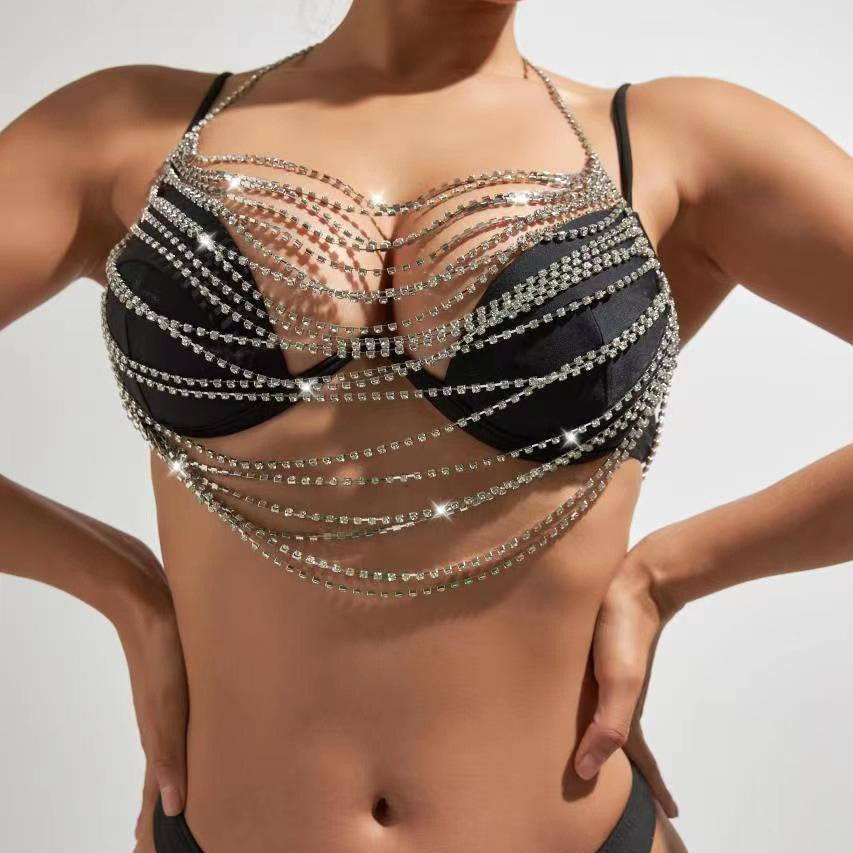 New European and American cross-border jewelry, sexy fashion rhinestone elements, sexy body clothing chain, nightclub chest chain, body chain