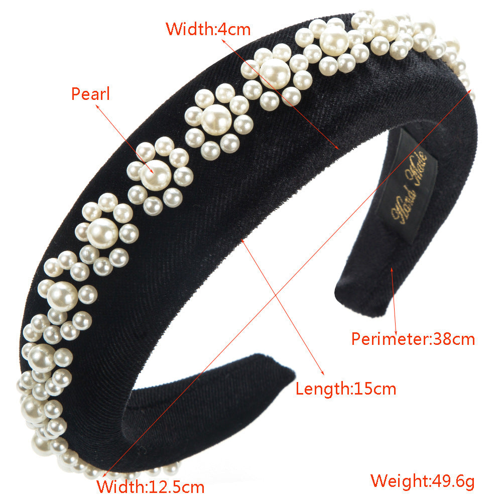 The Korean version of the new red and black velvet headband is fashionable and high-end, pearl wide-brimmed headband, versatile and elegant hair accessory