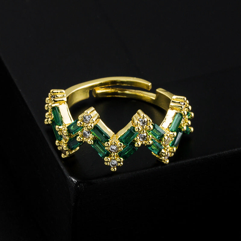 European and American cross-border fashion green zircon ring women's personality design wide face korean trend net red cold wind ring