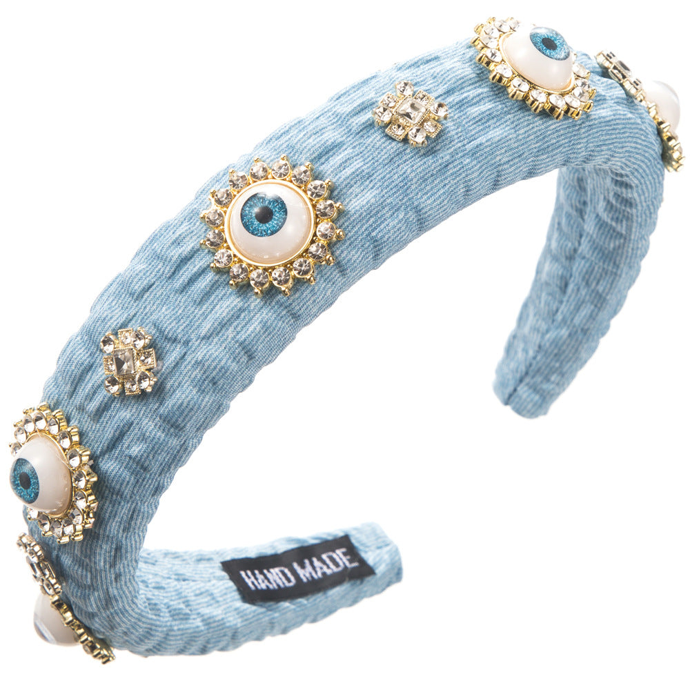 European and American trend, new personality, devil's eye, headband, female diamond-inlaid sponge, high skull, temperament, street photography hair accessories, hairpins