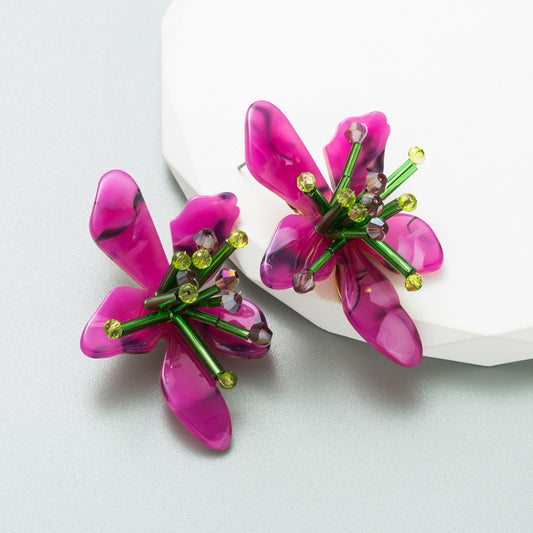 ZA fresh color acrylic flower earrings European and American exaggerated hand-woven petal earrings cross-border exaggerated studs