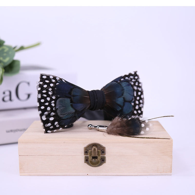 278 ink blue black and white polka dot pearl feather bow tie man host groom with children's flower girl bow