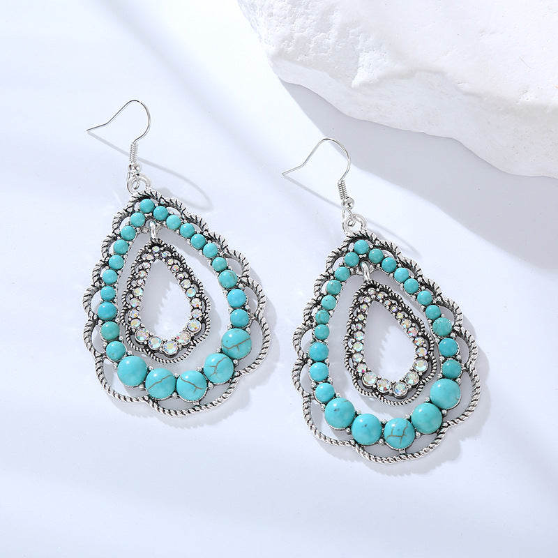 Cross-border new double layer water drop cut-out pendant inlaid with turquoise earrings women's personality vintage high quality party earrings