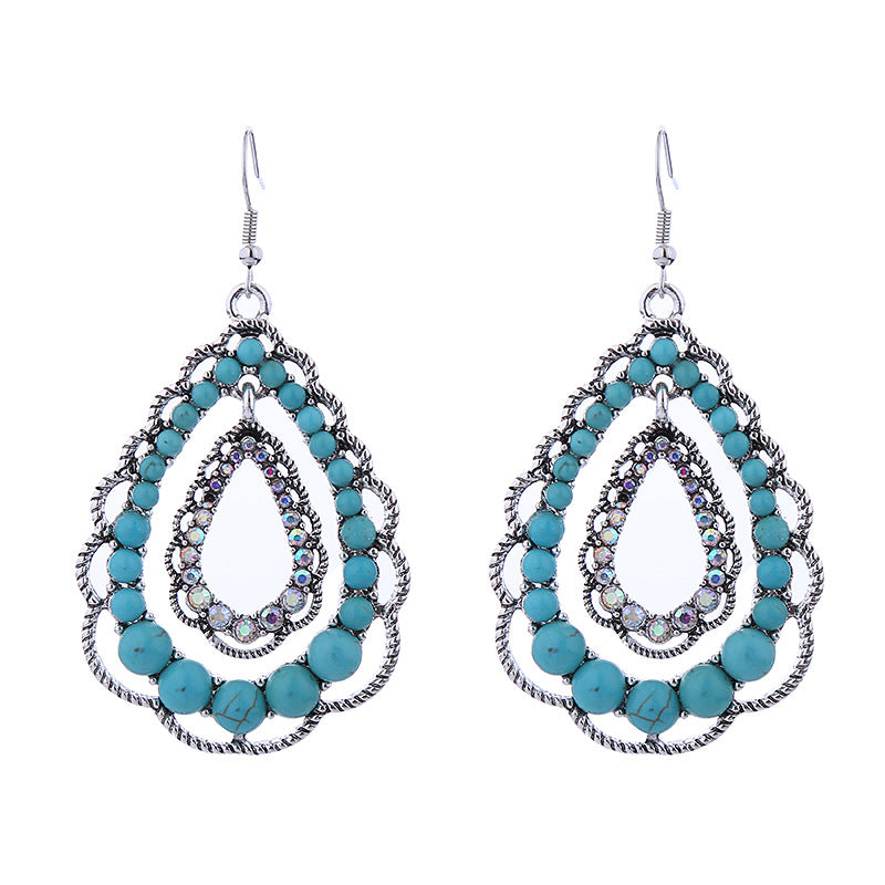 Cross-border new double layer water drop cut-out pendant inlaid with turquoise earrings women's personality vintage high quality party earrings