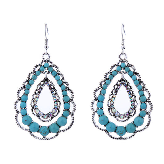 Cross-border new double layer water drop cut-out pendant inlaid with turquoise earrings women's personality vintage high quality party earrings