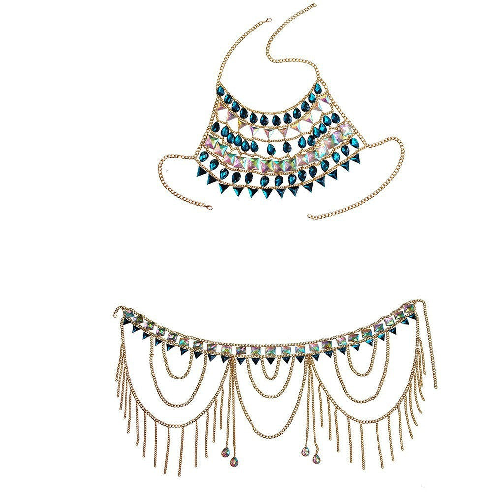 New European and American cross-border jewelry, nightclub, beach, versatile chest bracelet, necklace, fashionable sexy waist chain set, body chain