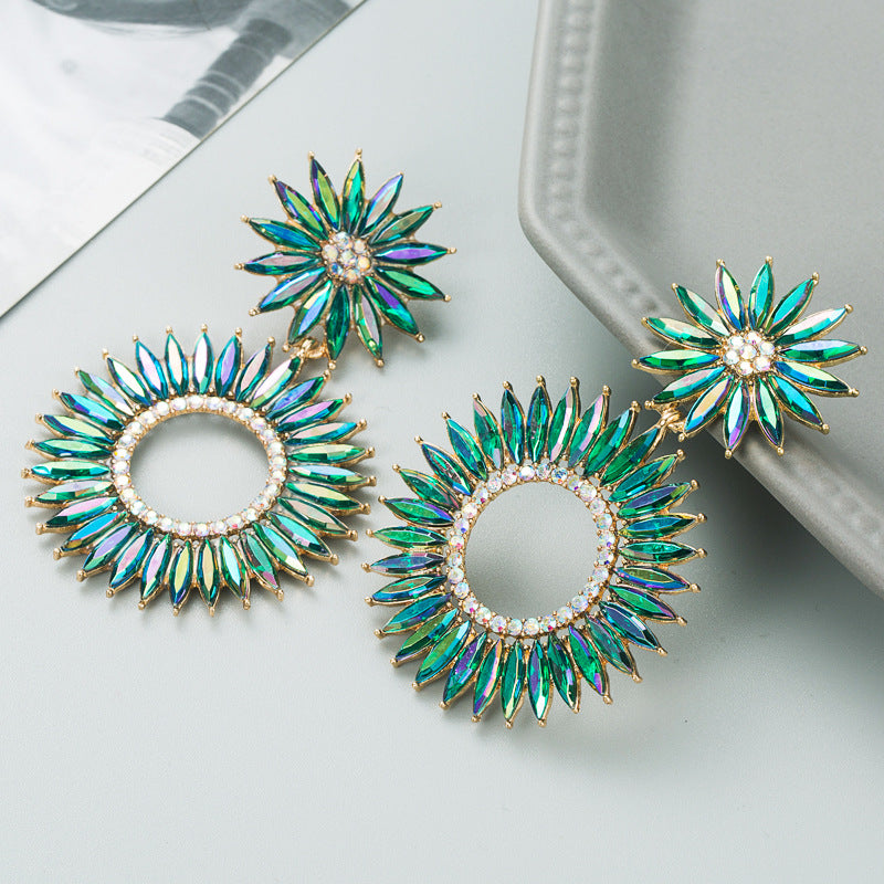 European and American trend new geometric color sunflower alloy diamond long earrings girl creative earrings