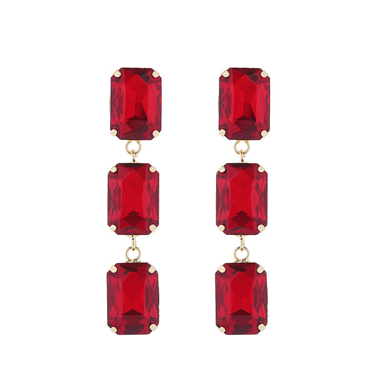 European and American fashion temperament long multi-layer square glass diamond earrings women's niche simple light luxury banquet earrings wholesale