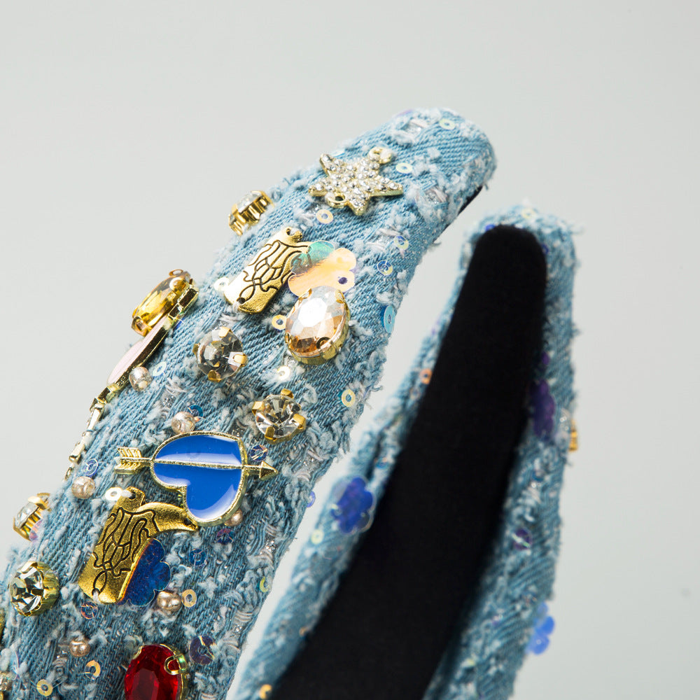 European and American fashion trends, love accessories, headbands, women's hand-sewn glass diamonds, denim hair accessories, cross-border supply