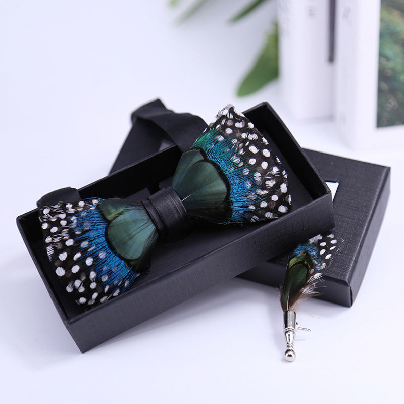 black and white dot peacock blue feather man host groom groomsmen group butterfly wedding bow tie spot