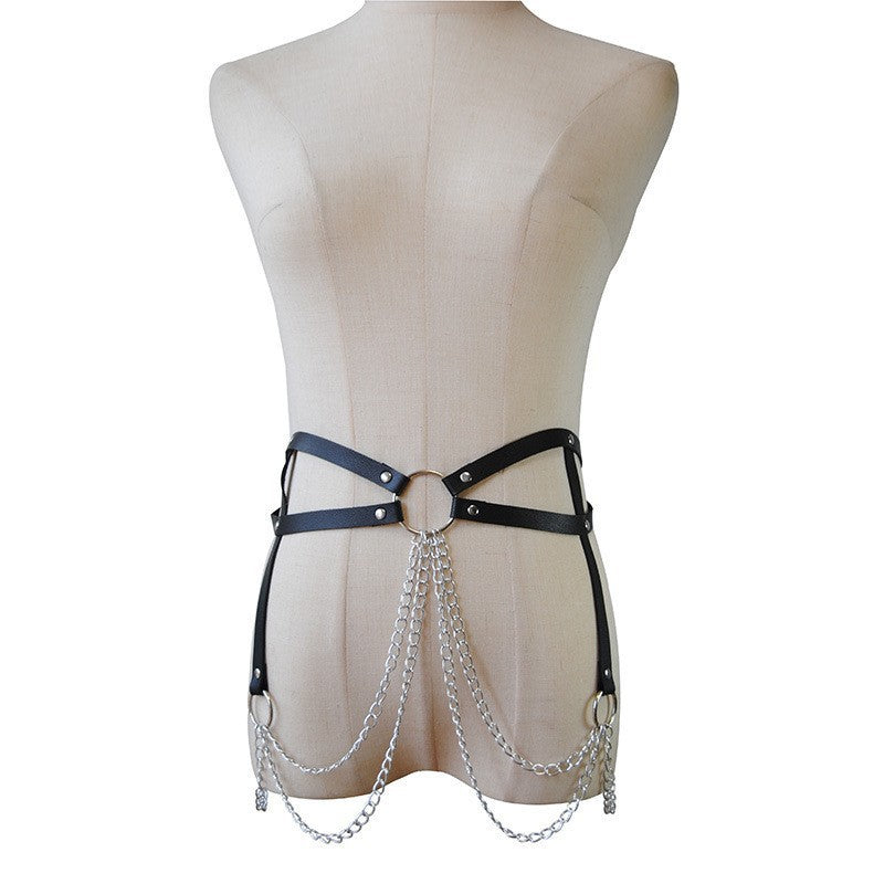 New European and American cross-border jewelry, personality women, multi-layered exaggerated punk leather waist chain, metal chain, body chain