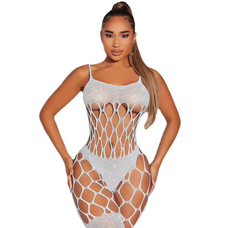 Yuedie's new European and American hot sale sexy hollow hook hand mesh burst flash hot drill one-piece sexy underwear T21192