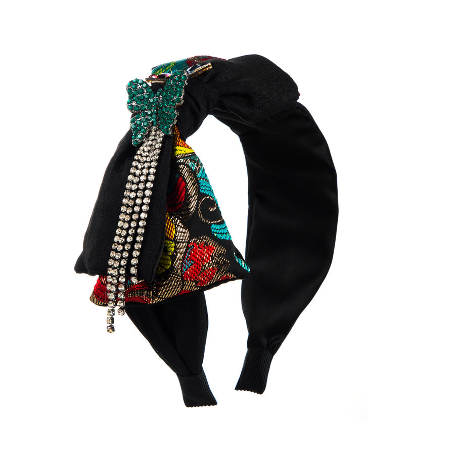 Korean retro name: small fragrance, feng shui, rhinestones, bow, tassel, fabric headband, temperament, knotted silk, elegant headband, female