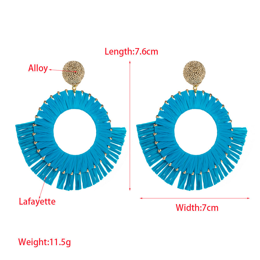 European and American new exaggerated bohemian raffia woven earrings women's versatile geometric ring fan-shaped earrings