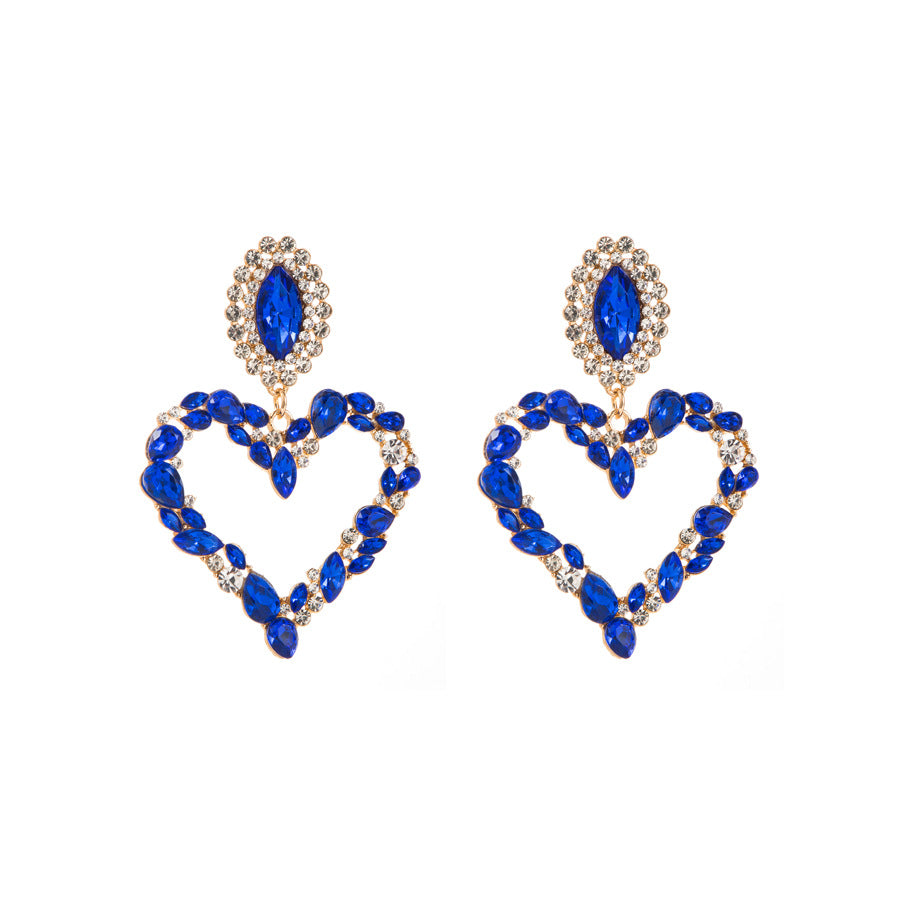 European and American popular heart-shaped alloy set with colored diamonds, retro temperament, exaggerated earrings, women's Korean version of the hipster, super flashy full of diamond earrings