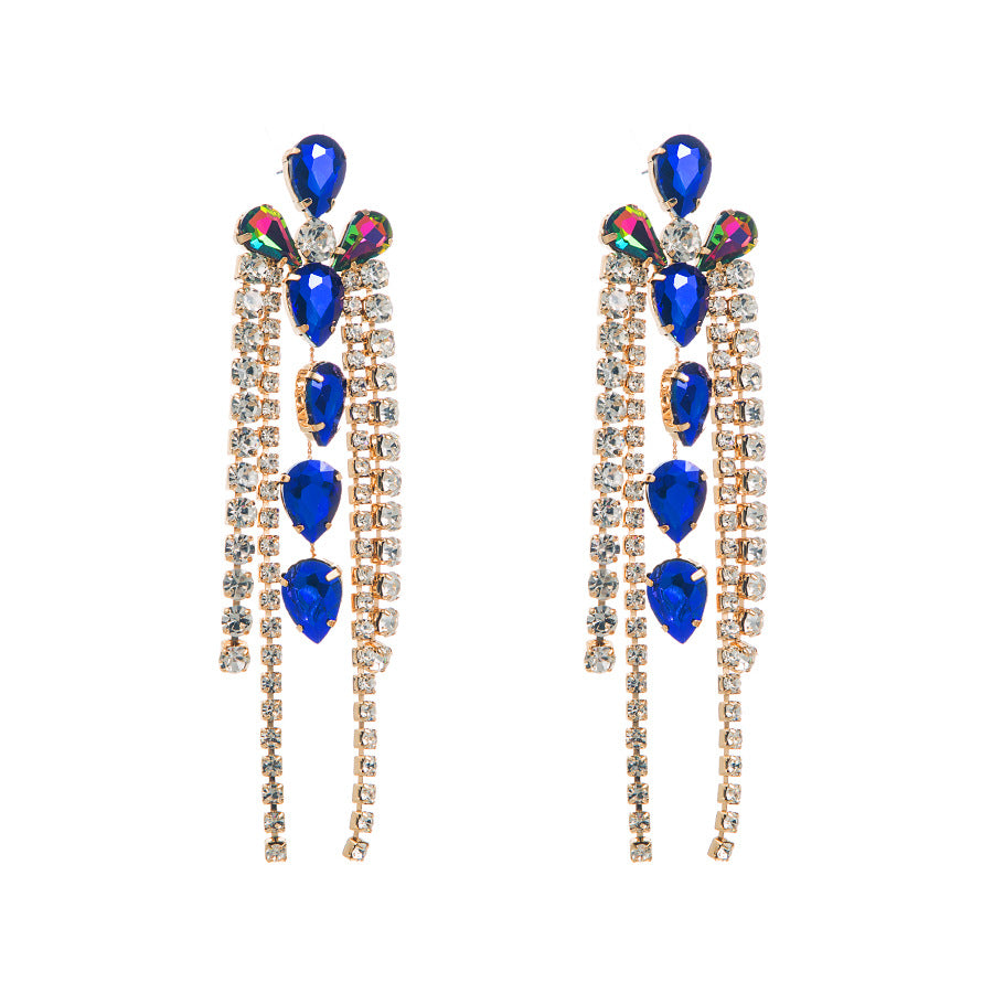 European and American personality exaggerated, multi-layered geometric glass, diamond and diamond tassel earrings, feminine diamond catwalk earrings