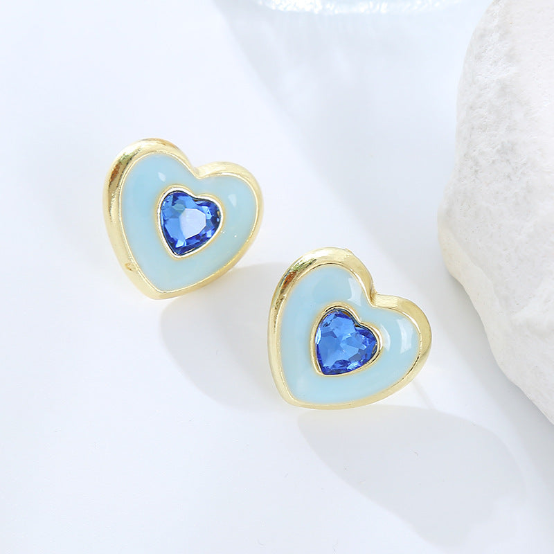 European and American fashion earrings rhinestone inlaid color zircon plating earrings heart shaped ladies stud earrings wholesale