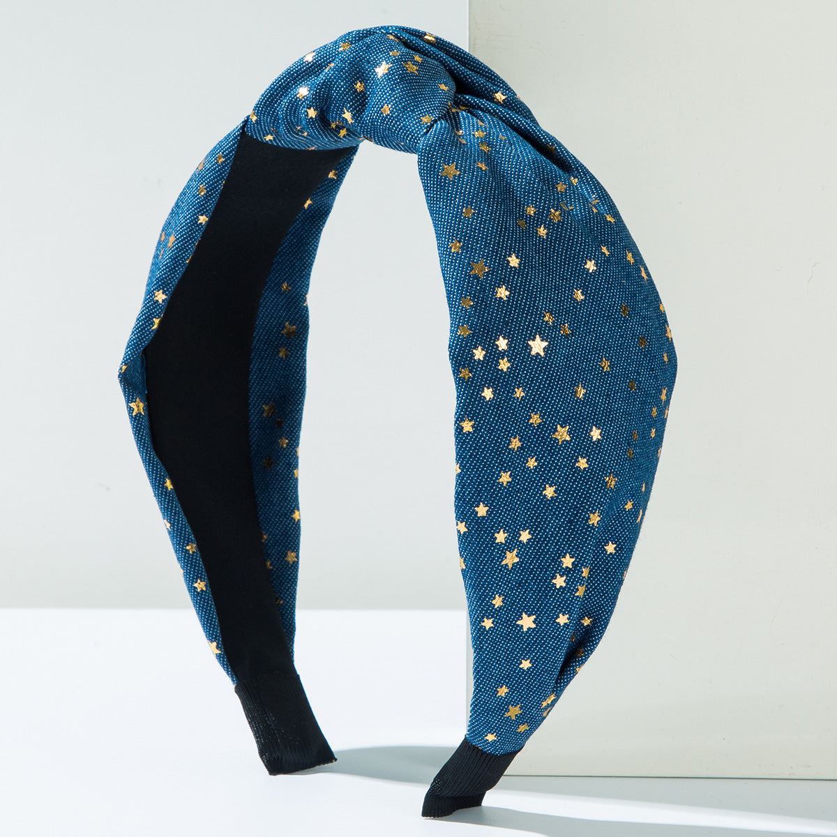Cross-border European and American fashion denim fabric headband creative gold five-pointed star wide knotted high skull top outward ornament