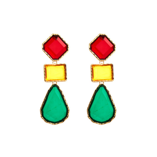 European and American fashion light luxury alloy square earrings colorful waterdrop resin earrings ornaments bohemian retro earrings